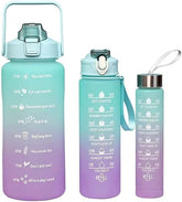 3 Pack Sports Water Bottle With Straw,2L+900ml+500ml Measured Plastic Drinking BPA Free Non-Toxic Sports Drinks Time Markings Motivational Fitness