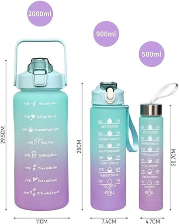 3 Pack Sports Water Bottle With Straw,2L+900ml+500ml Measured Plastic Drinking BPA Free Non-Toxic Sports Drinks Time Markings Motivational Fitness