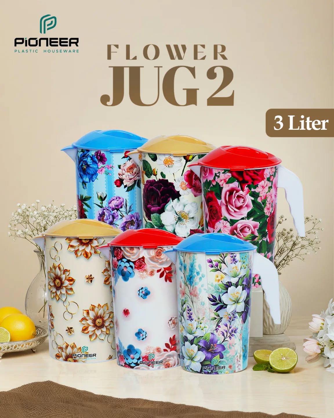 Flower Design IML Plastic Water Jug 3L
