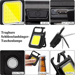 Small Flashlight, 1000Lumens Bright Rechargeable Keychain Flashlights, COB Mini Flashlight with 3 Light Modes, Portable Pocket Light with Folding Bracket, Bottle Opener and Magnet Base for Walking