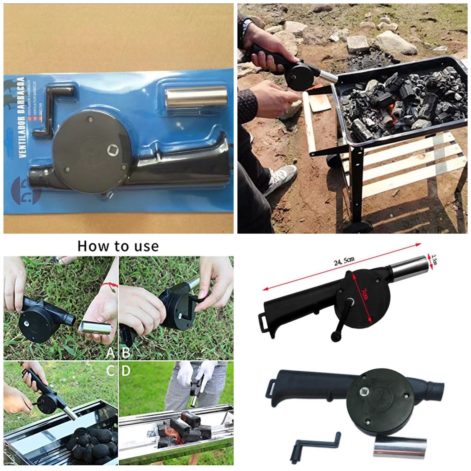 Outdoor Barbecue Fan Air Blower, Fire Bellows Hand Crank Tool Portable BBQ Fan for Camping Fire Tool, Picnic Camping Stove Accessories,Black