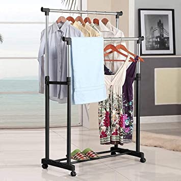 Clothes hanging stand Double Pole Portable Cloth Rack Cloth Drying Stand Stainless Steel With Wheels