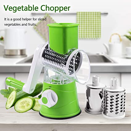 Vegetable Chopper, Multi-Function Shredder Hand Roll Rotary Cutter Grated Cheese Tool with 3 Stainless Steel Rotary Blades for Grinding,Cutting Silk, Slicing (Green)
